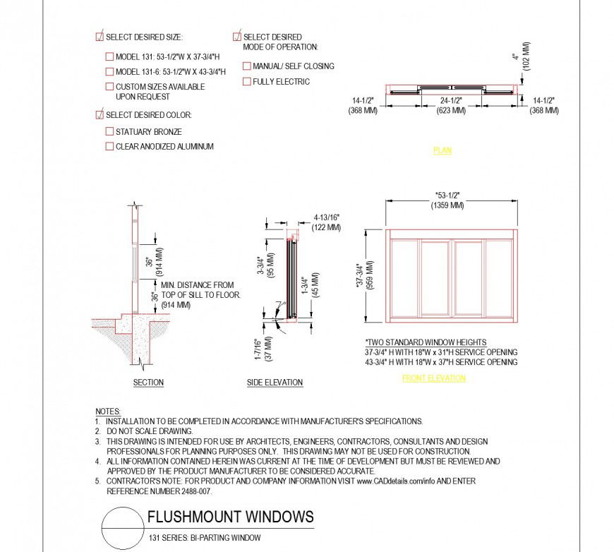 Plan, elevation and section Flush mount window plan autocad file