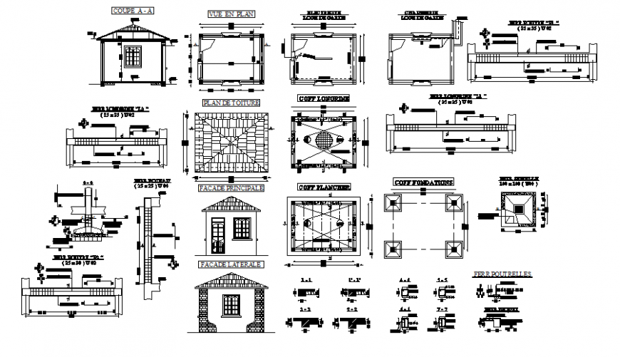 Plan, elevation and section guard house detail dwg file