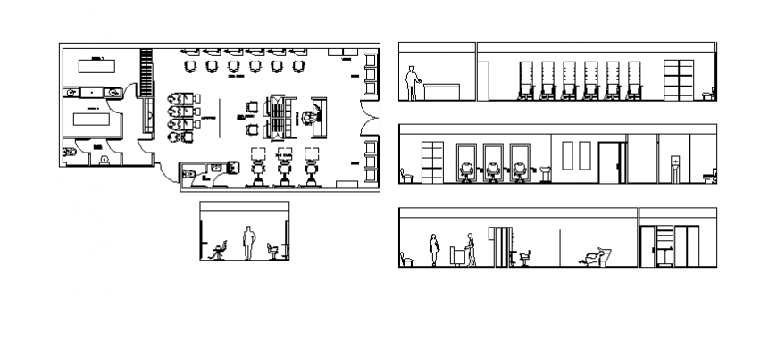 Plan, elevation and section hair dresser detail dwg file