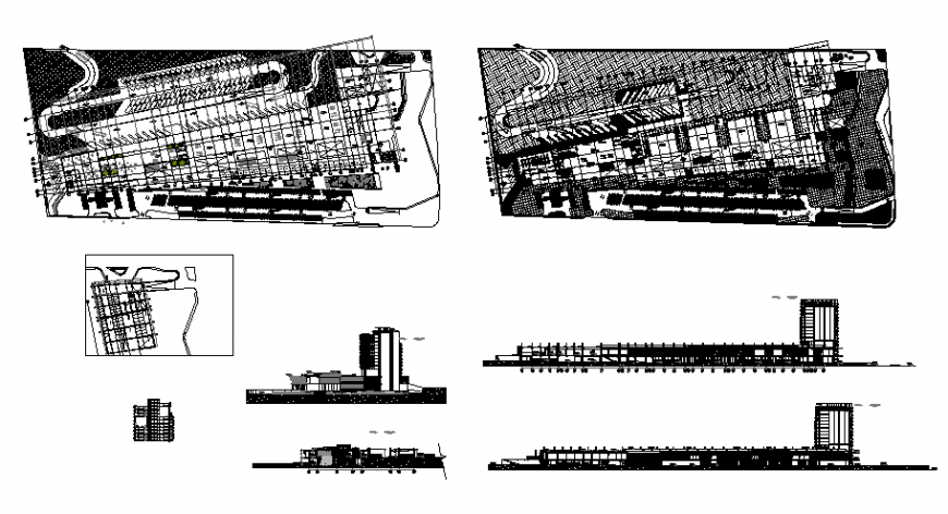 Plan, elevation and section hotel commercial building detail dwg file