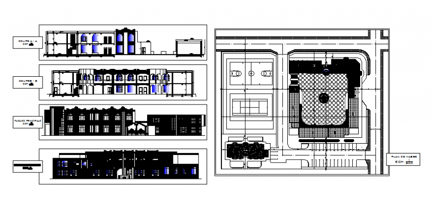 Plan, elevation and section Les commercial building layout file