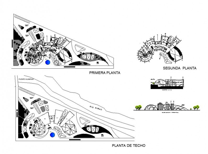 Plan, elevation and section of commerce building hub detail 2d view layout dwg file
