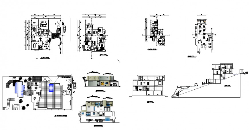 Plan, elevation and section of house structure 2d view layout file