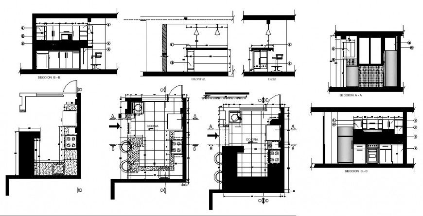 Plan, elevation and section of kitchen area 2d view CAD block autocad file