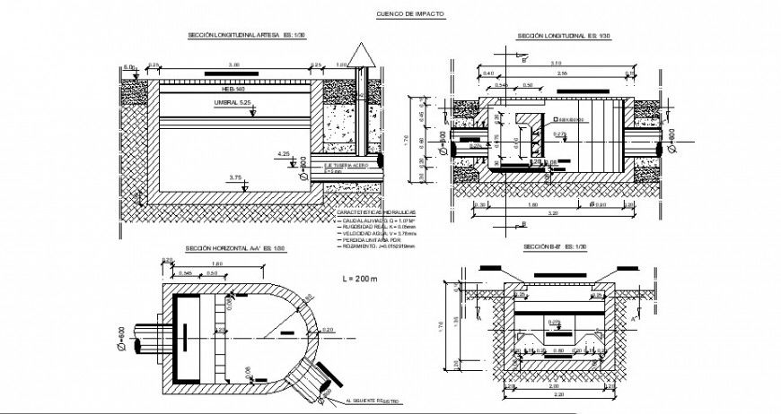Plan, elevation and section of pipe foundation in auto cad file