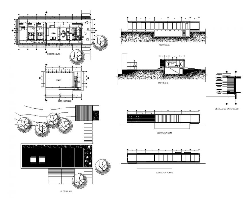 Plan, elevation and section of residential house structure 2d view dwg file