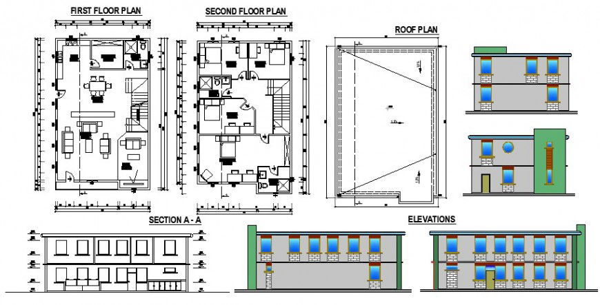 Plan, elevation and section of two story house 2d view layout file in dwg format