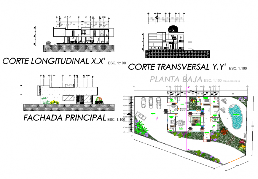 Plan, elevation and section Residential house layout file