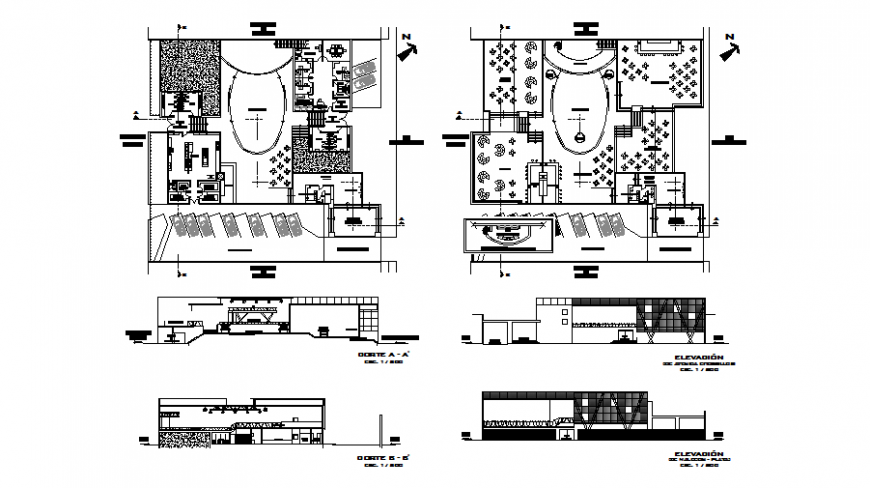 Plan, elevation and section restaurant autocad file
