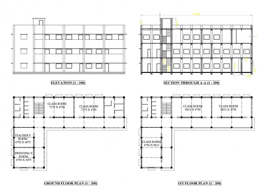 Plan, elevation and section school layout file