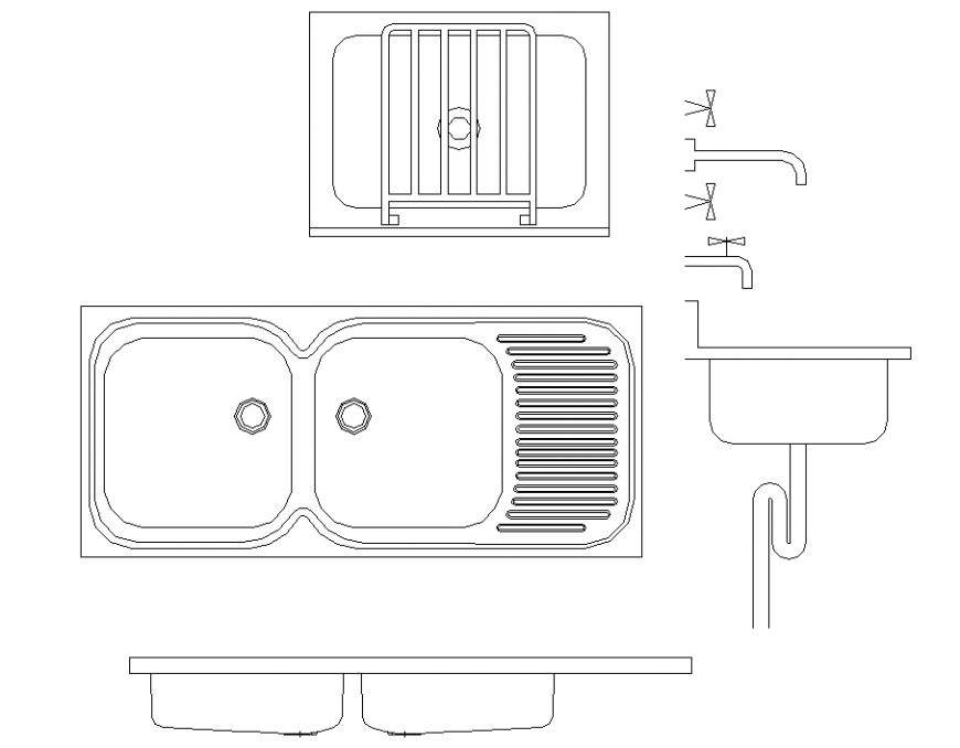 Plan, elevation and section sink detail dwg file