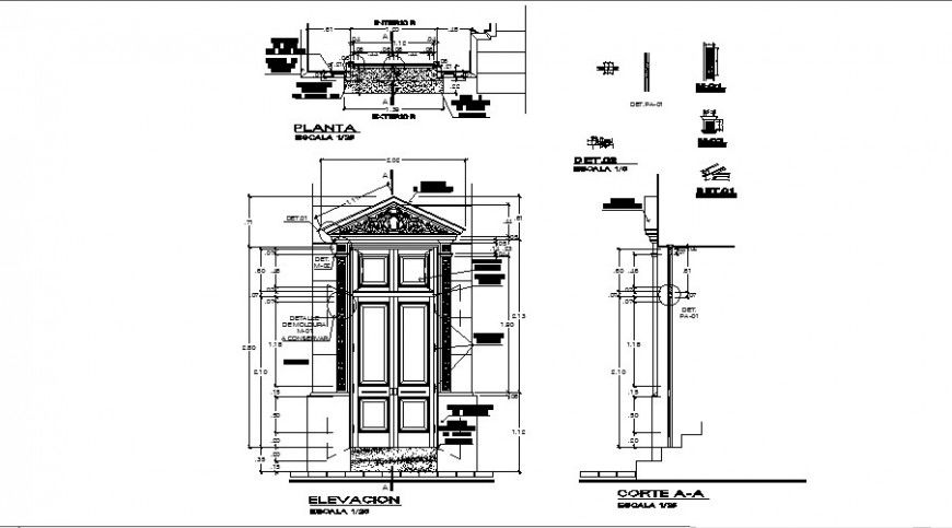 Plan, elevation and section view of door with wall in auto cad