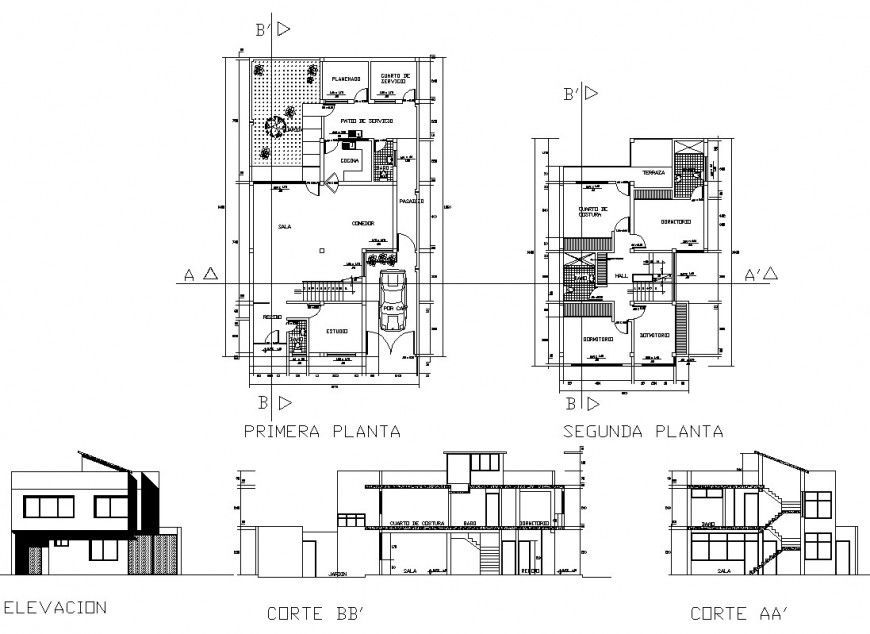 Plan, elevation and sectional detail of house structure 2d view layout autocad file