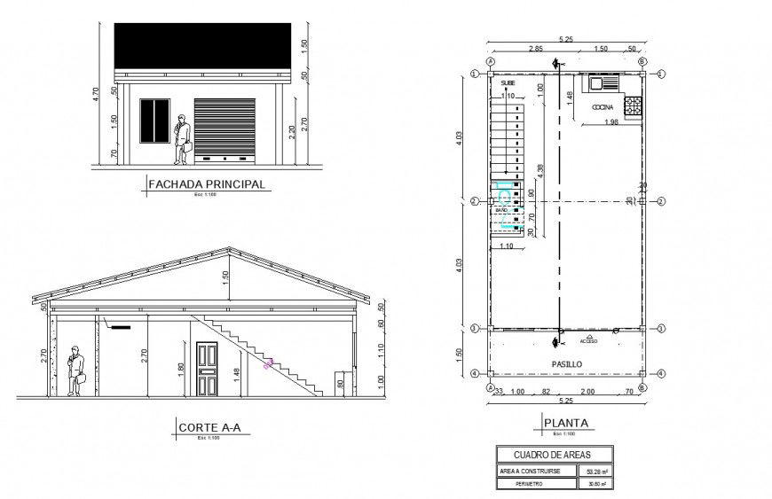 Plan, elevation and sectional detail of housing block 2d view layout file in Autocad format