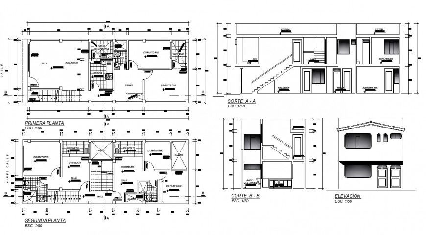 Plan, elevation and sectional detail of housing structure 2d view CAD constructive block dwg file