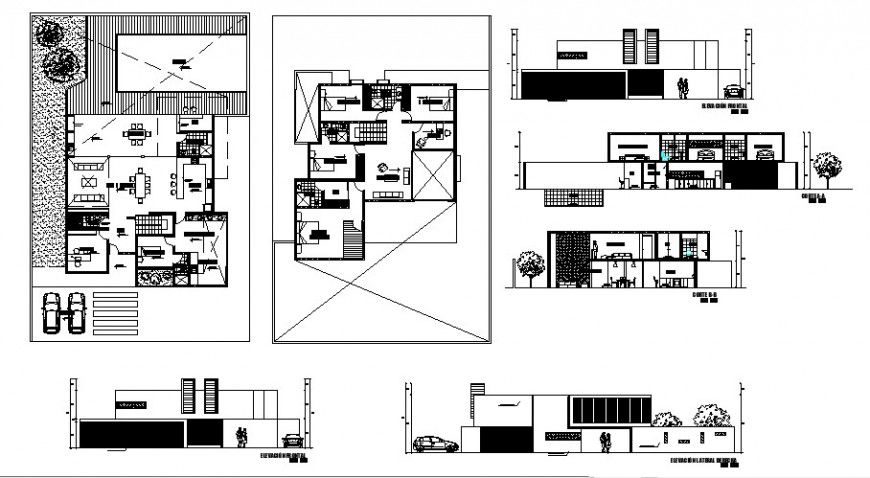 Plan, elevation and sectional detail of residential apartment 2d view autocad file