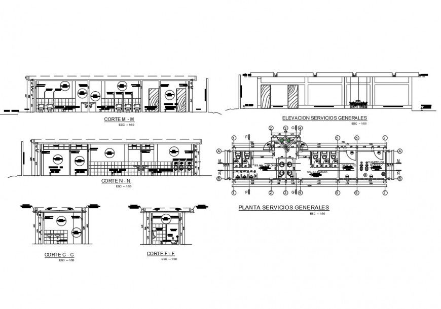 Plan, elevation and sectional detail of sanitary block layout file in autocad format