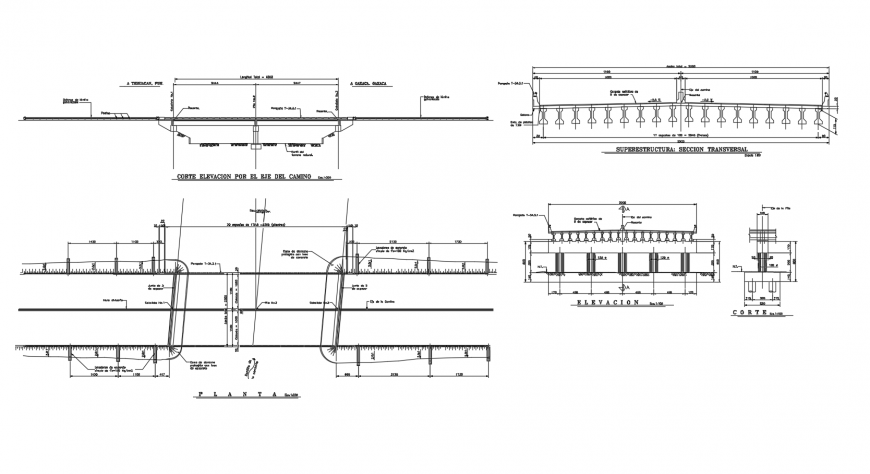Plan, elevation and sectional detail superstructure of bridge layout Autocad file
