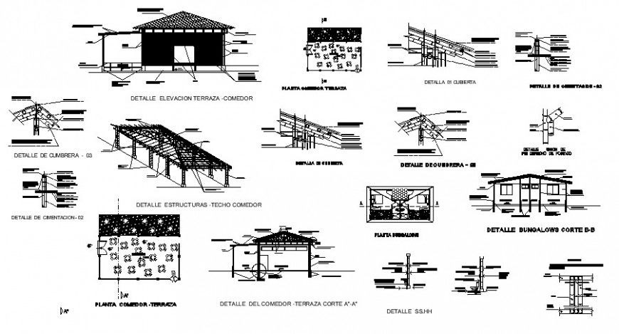 Plan, elevation and sectional of restaurant building 2d view layout file in dwg format