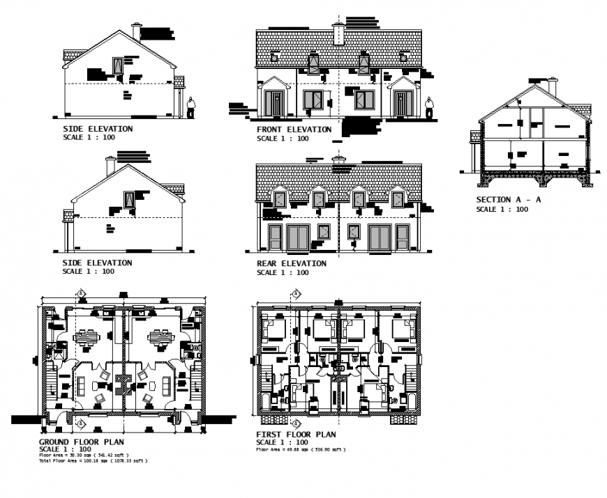 Plan, section and elevation of house building structure 2d view autocad format file