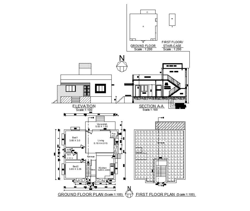 Plan, section and elevation of house building structure layout autocad file