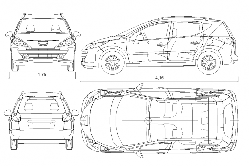 Plan,elevation,rear side and front side of car design dwg file