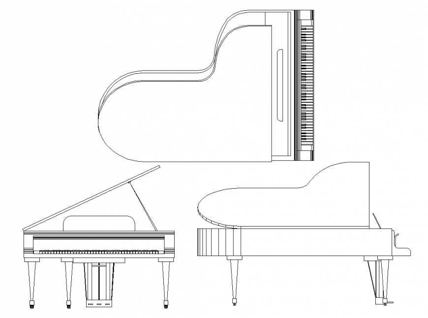 Plan,elevation and isometric detail of piano a part of musical instrument dwg file