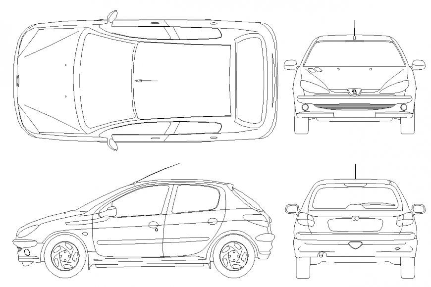 Plan,elevation and rear view of car design with block design of vehicle dwg file