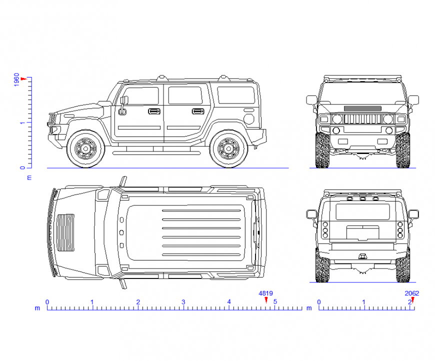 Plan,elevation and rear view of hummer car block design of vehicle dwg file