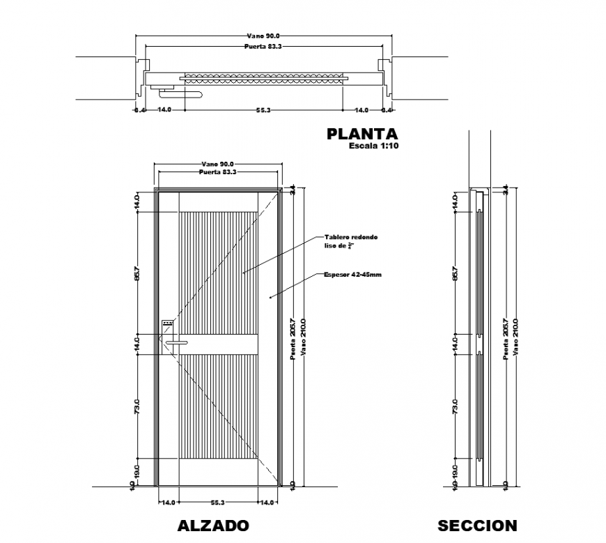 Plan,elevation and sectional detail of door design dwg file