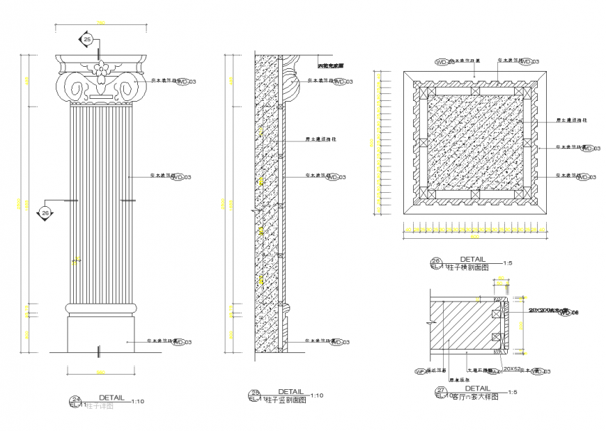 Plan,elevation and sectional detail of pillar with interior design dwg file