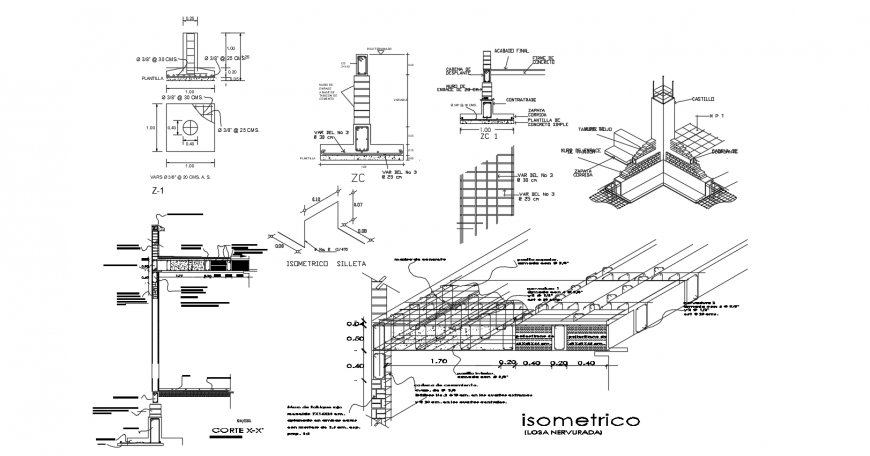 Plan,section and isometric view of column and beam structure design dwg file