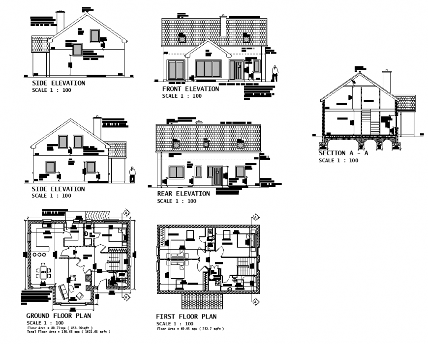 Plan elevation and a section of multi-family building structure 2d view layout file