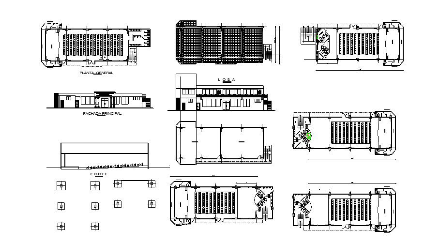 plan of auditorium hall with different sections and elevation in dwg file