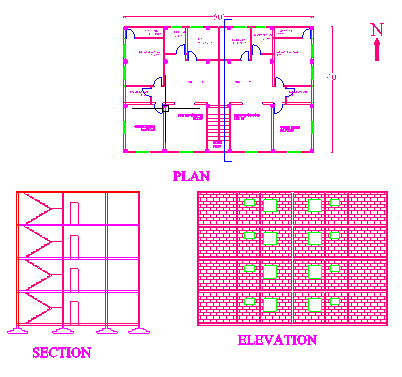 plan section and elevation of a building