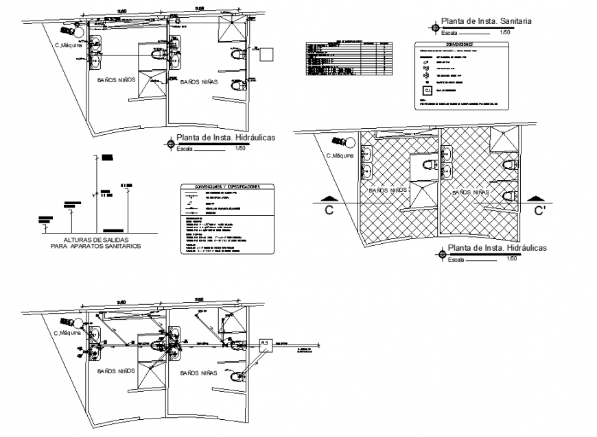 Plan and descriptions drawing of public toilet in dwg file.