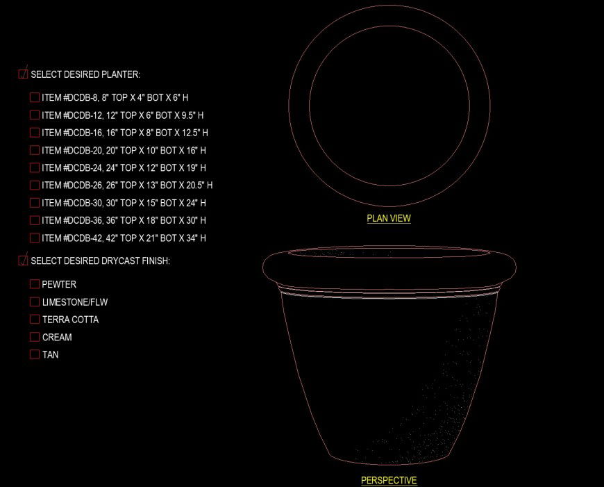 Plan and detail view of pot  drawing in dwg file.