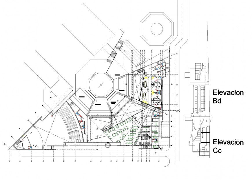 Plan and elevation Administrative pavilion detail dwg file