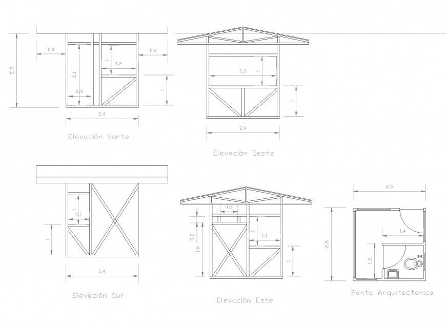 Plan and elevation cabin detail dwg file