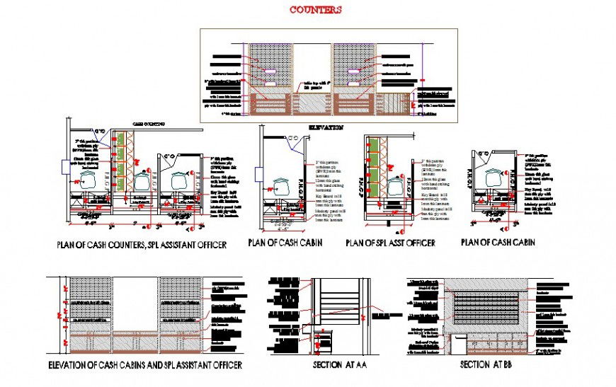 Plan and elevation detail of bank interior 2d view layout autocad file