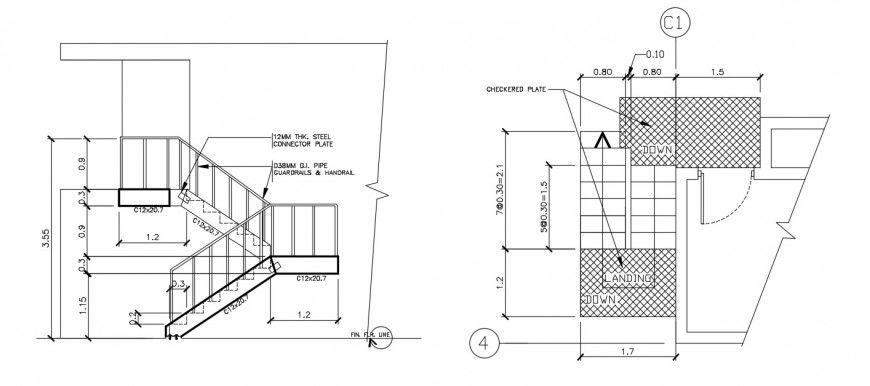 Plan and elevation drawings details of staircase 2d view dwg file