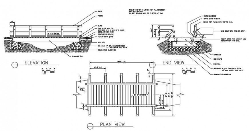 Plan and elevation drawings of bridge structural blocks dwg file