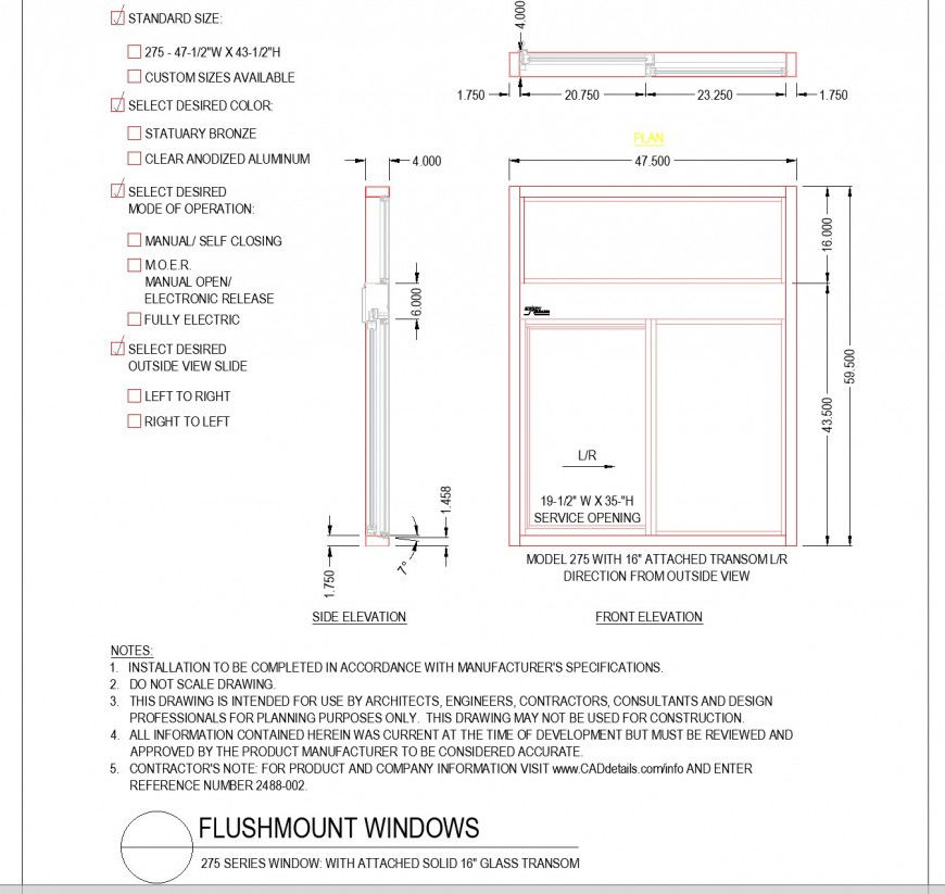 Plan and elevation Flush mount window plan dwg file