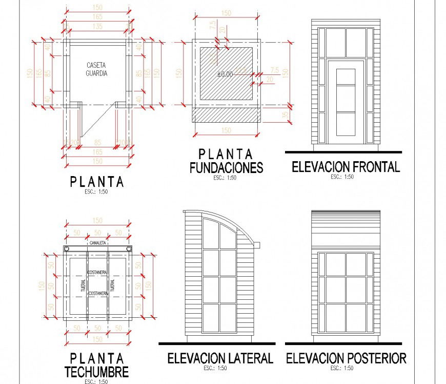 Plan and elevation Guardhouse detail dwg file