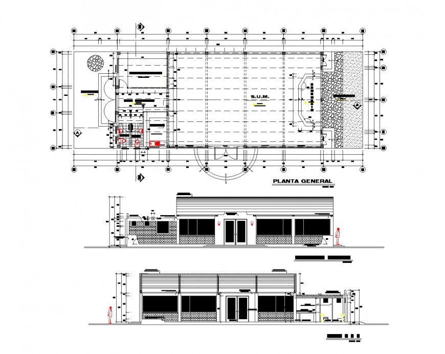 Plan and elevation hall planning autocad file