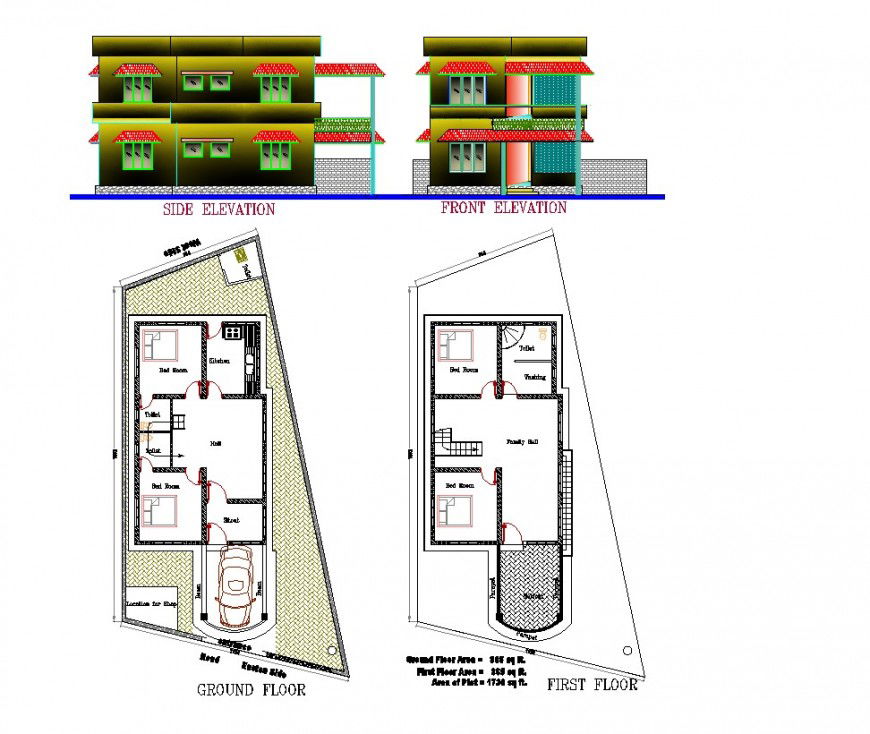 Plan and elevation of apartment 2d view CAD structural block layout file in autocad format