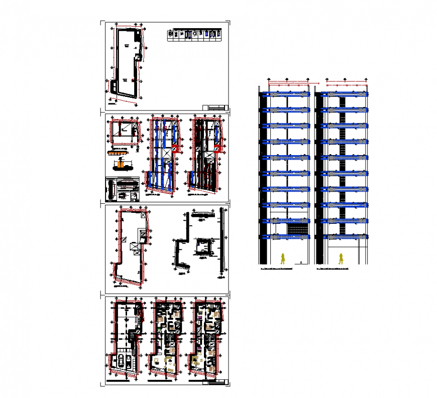Plan and elevation of area with apartment design dwg file