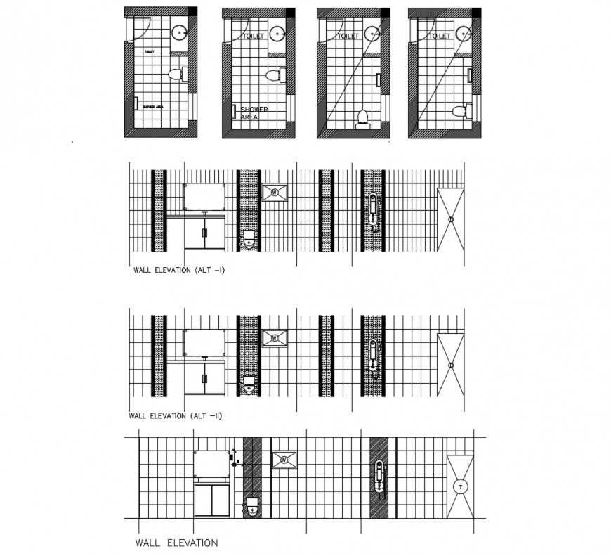 Plan and elevation of bathroom area and sanitary units autocad file