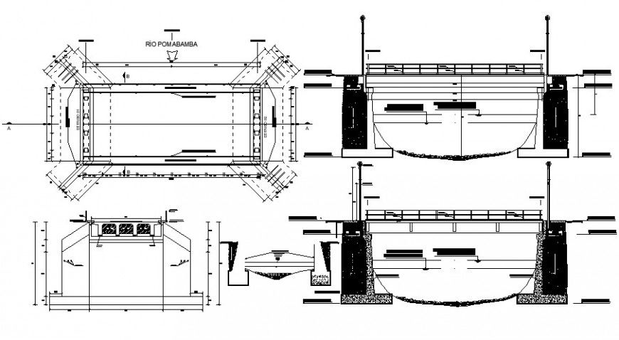 Plan and elevation of bridge 2d CAD structure dwg file