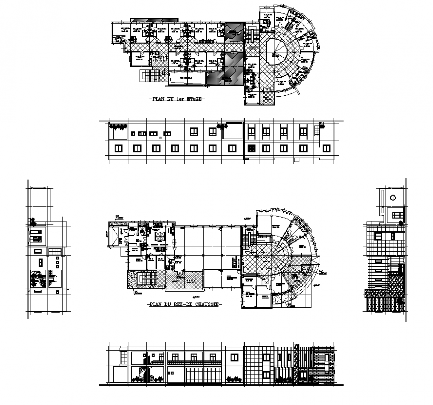 Plan and elevation of commerce building structure detail 2d view autocad file
